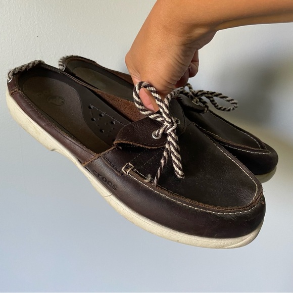 Crocs Brown Leather Slip on Mules Boat Comfort Slides Size 9 - Picture 2 of 11